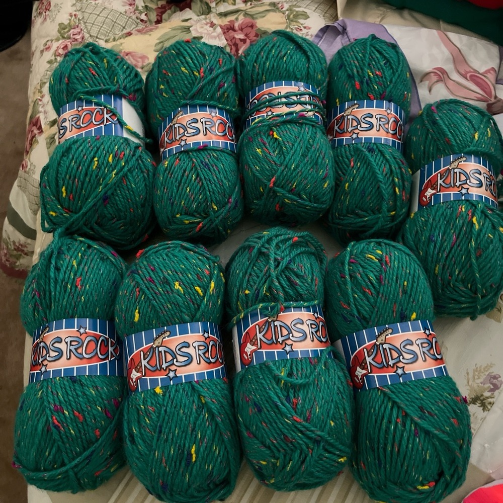 Kids Rock Green Yarn with Multicolor Specks 9 total.